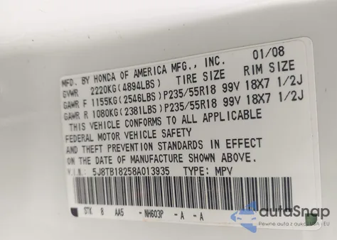 2008 Acura Rdx z USA, uszkodzony, nr VIN 5J8TB18258A013935